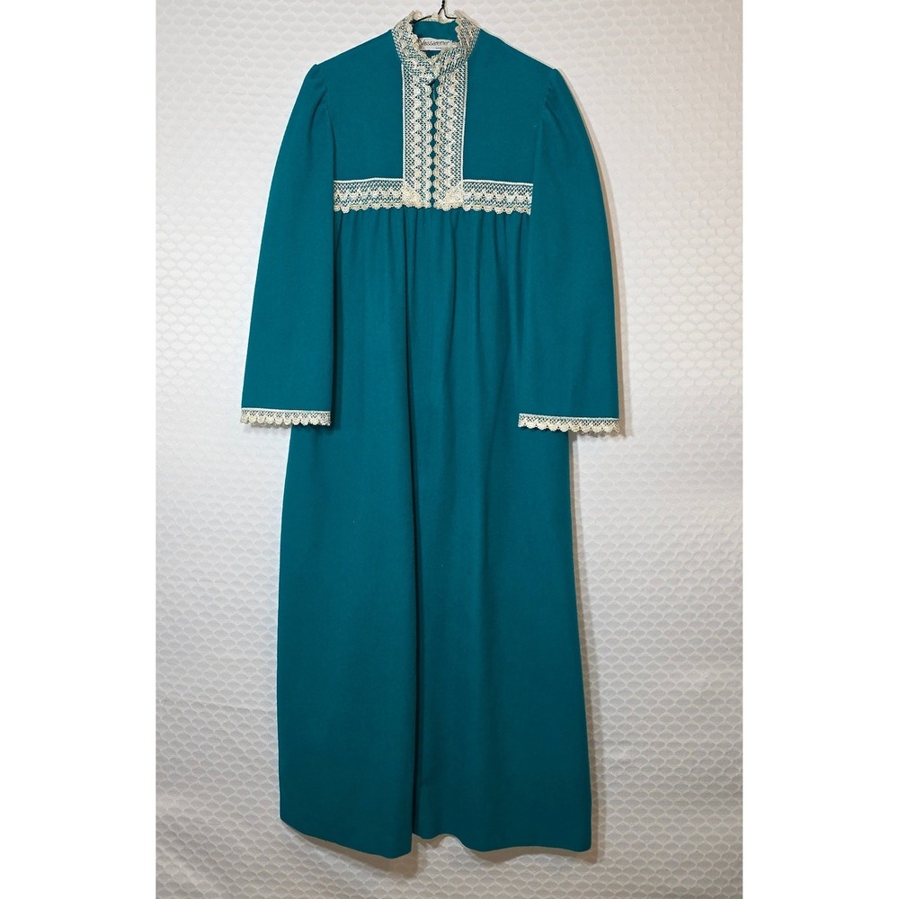 Vintage Vassarette Teal Blue Lace Trim Long Sleeve Zipper Front Pocketed Robe